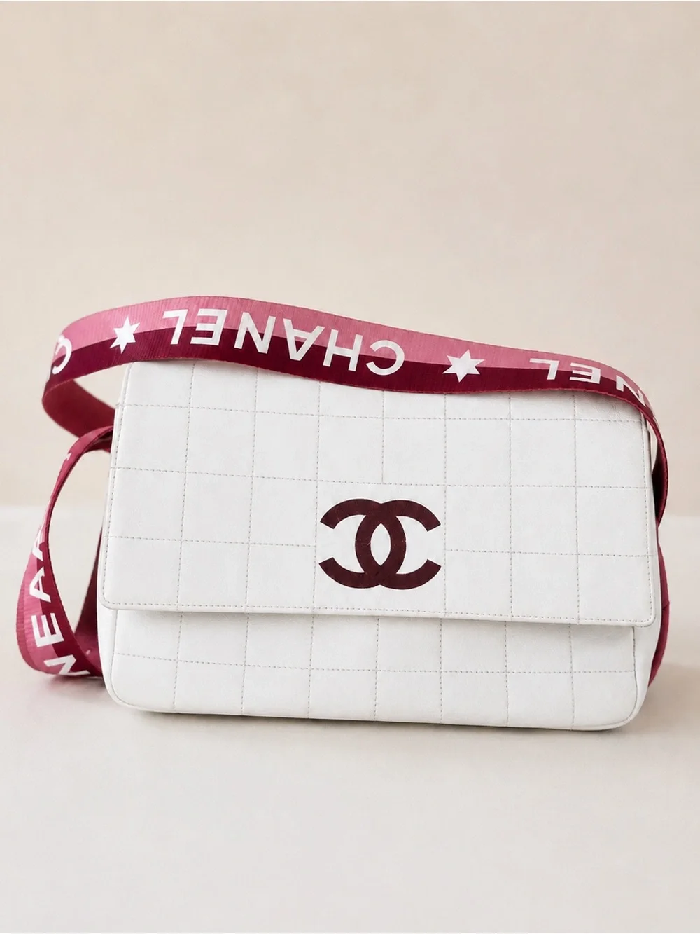 CHANEL Vintage White Leather Sportline Chocolate Bar Shoulder Bag